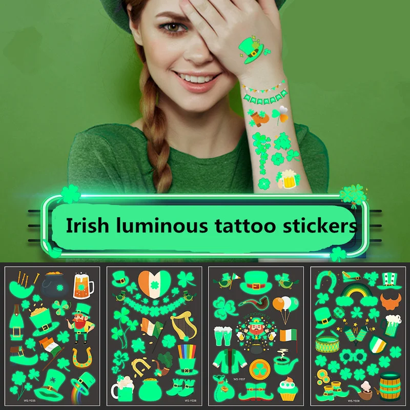 

St. Patrick Tattoo Stickers Waterproof Fluorescent Green Children's Disposable Tattoo Irish Luminous Stickers Gift Toy Party