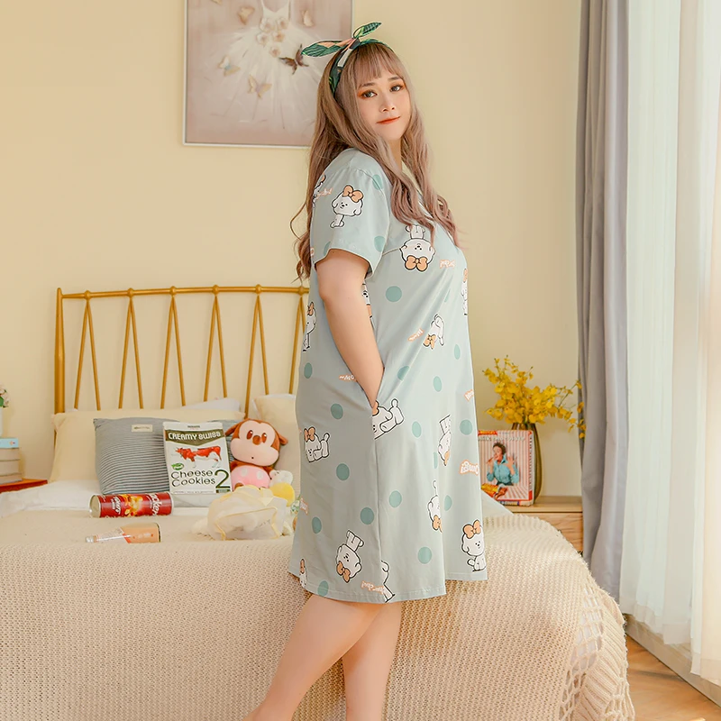 

Summer thin cartoon rabbit rabbit short sleeve loose long skirt Pullover round neck fat mm large nightdress women's home clothes