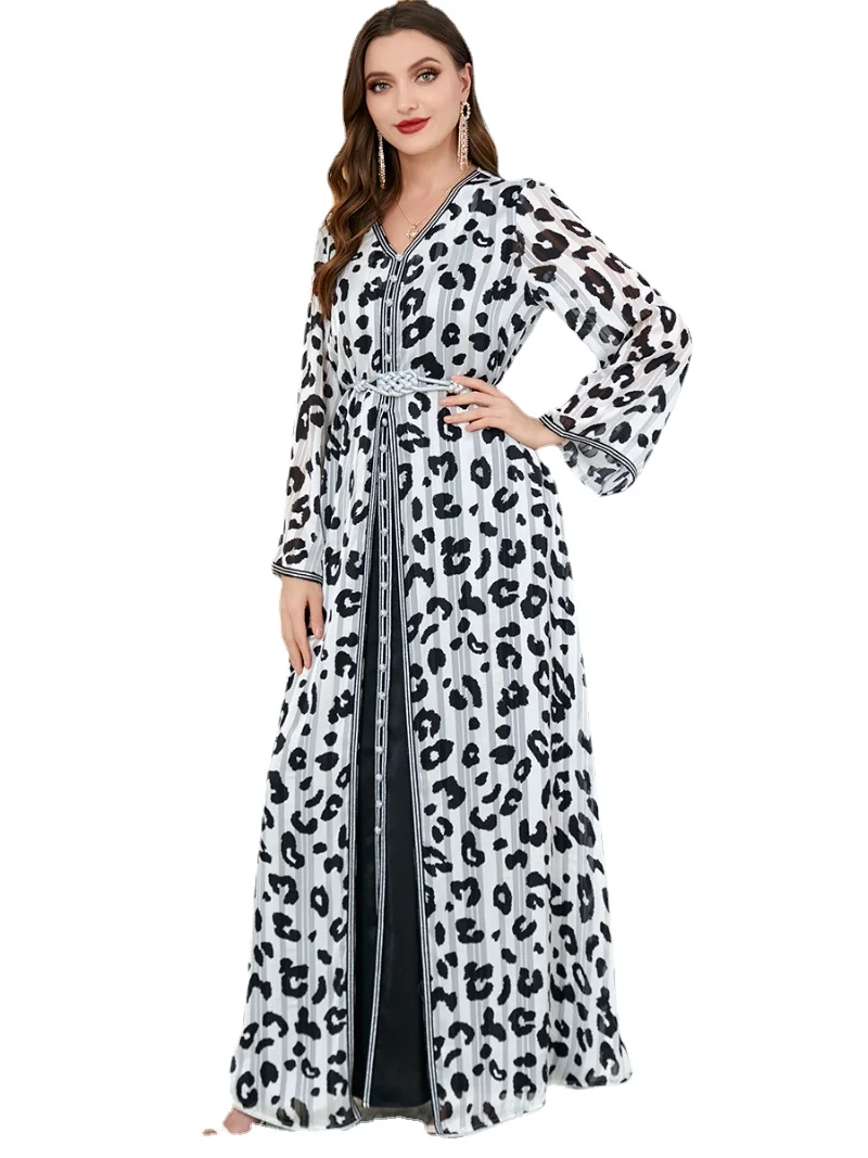 

Elegant Casual Women Abaya Muslim Sets Belted Kaftan Leopard Print Modest Dress Turkish Evening Gown Dressed in Ramadan