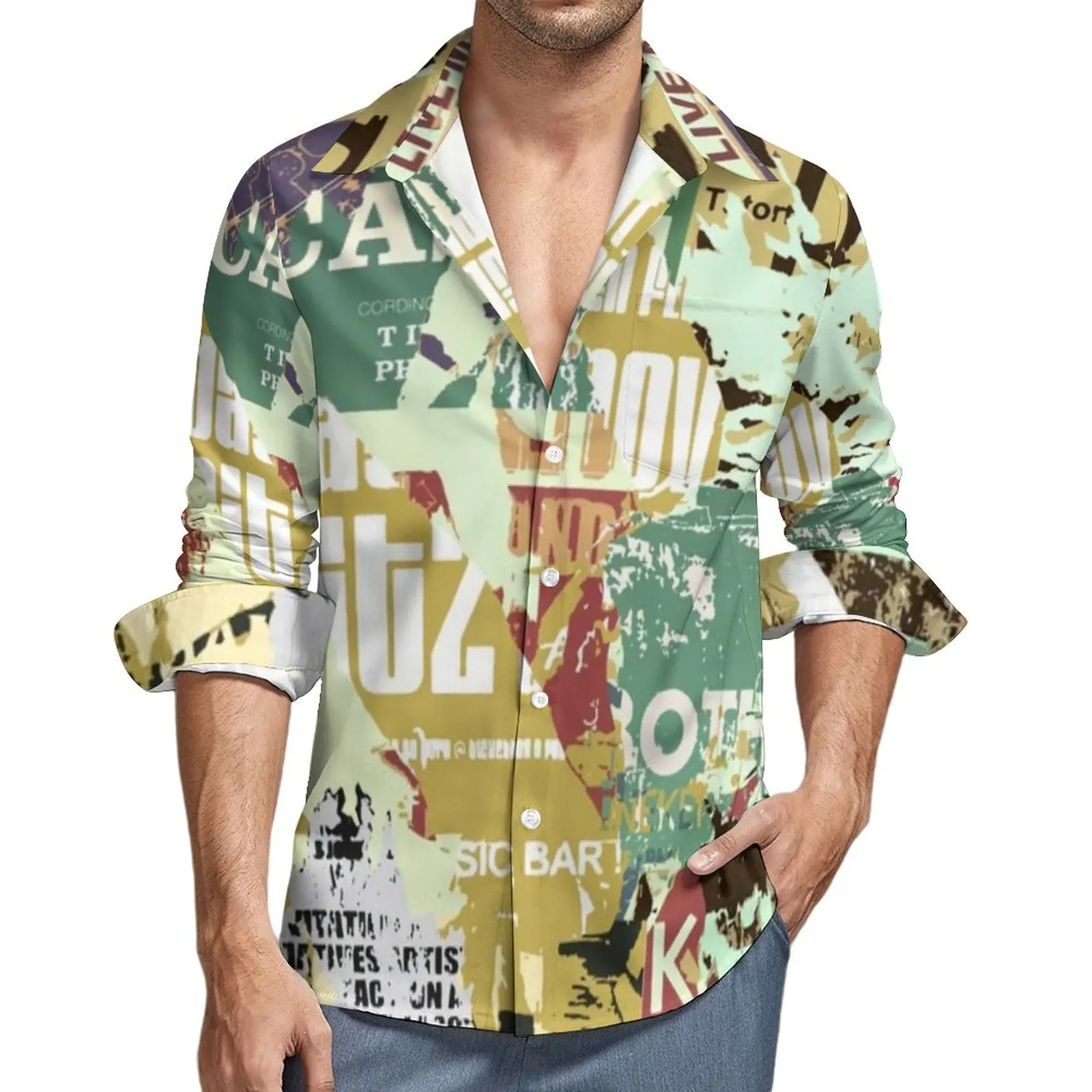 

Newspaper Collage Shirt Vintage Aesthetic Casual Shirts Long Sleeve Graphic Aesthetic Blouses Autumn Cool Oversized Tops