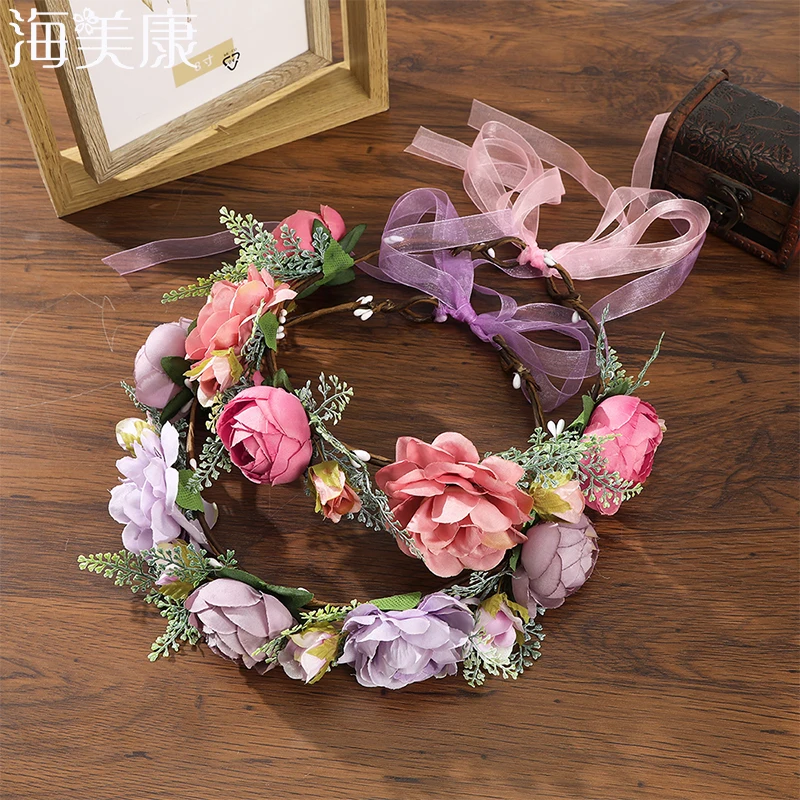 

Haimeikang Wedding Garland Rose Flower Crown Spring Summer Women Bride Bridesmaid Floral Headband Bohemian Beach Headwear