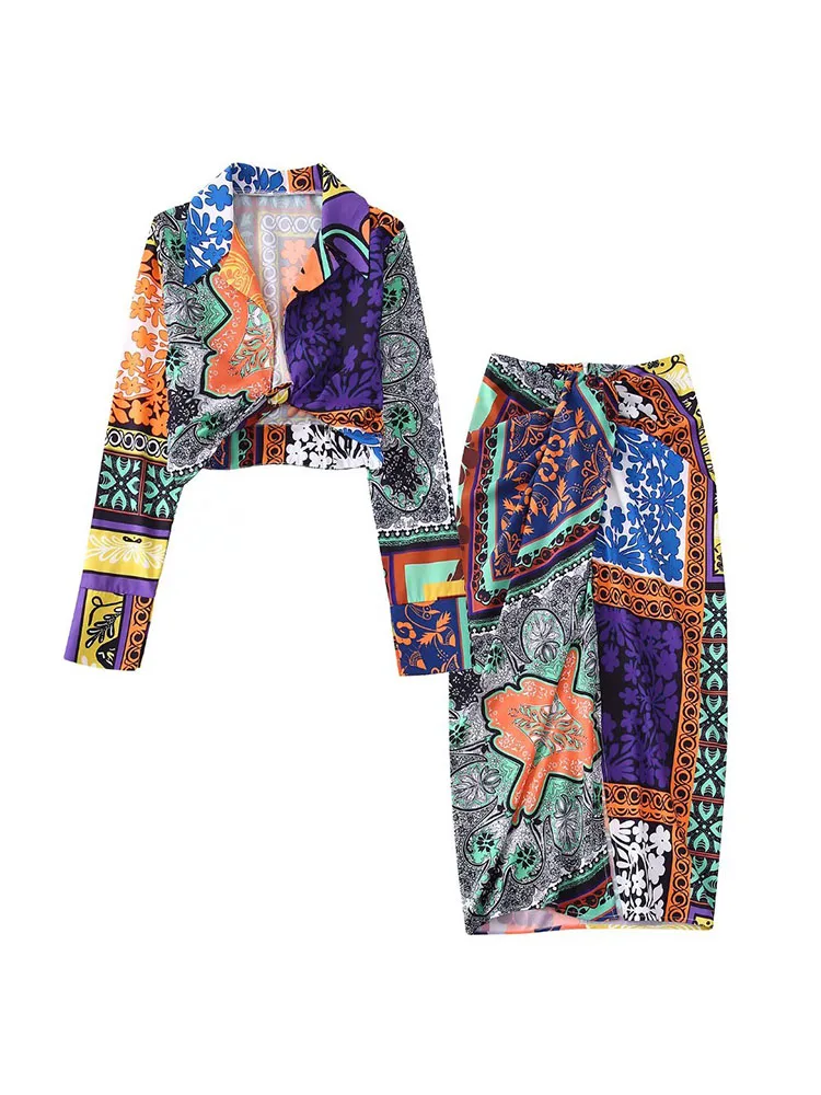 

YLJHQX 2022 Spring Women Vintage Long Sleeve Lapel Kink Print Shirt High Waist Folds Slit Straight Long Skirt Two Piece Suit
