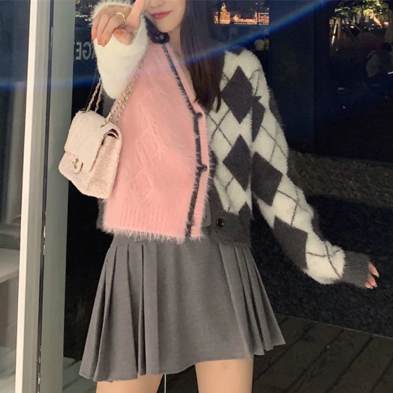 Женский кашемировый свитер из норки плотный клетчатый пальто мохеровый вязаный