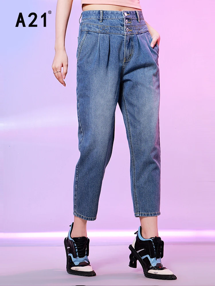 A21 Women's Casual High Waist Jeans 2022 Summer Fashion Dark Blue Loose Straight Pants Three-breasted Design Nine-point Trousers