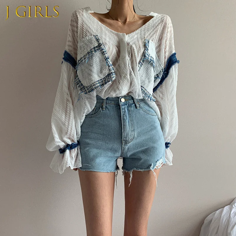 

Patchwork Elegant Shirt For Women V Neck Lantern Sleeve Oversized Casual Blouse Female 2020 Autumn Fashion New Clothing