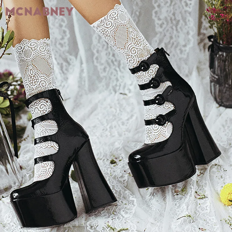 Black Patent Leather Mary Jane Shoes New Round Toe Super High Thick Heel Thick Bottom Buckle Single Shoe Hollow Women's Shoes