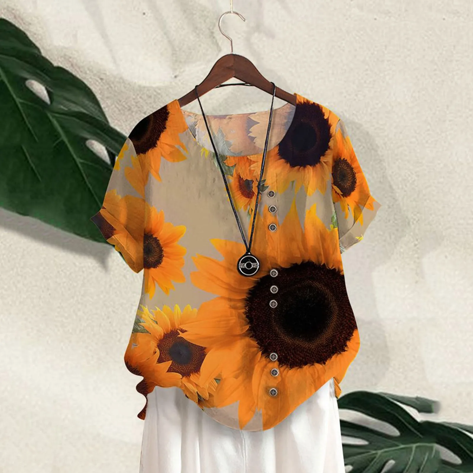

Women Loose Casual Top Shirts Button Floral Printed Boho Tanic Shirt Fashion Elegant Short Oversized Breathable