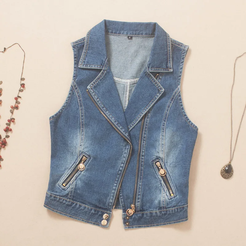 

Vintage Wash Dark Blue Denim Vest Women Waistcoat Pocket Loose Short Zipper Cowboy Sleeveless Jackets Korean Jeans Vests Female