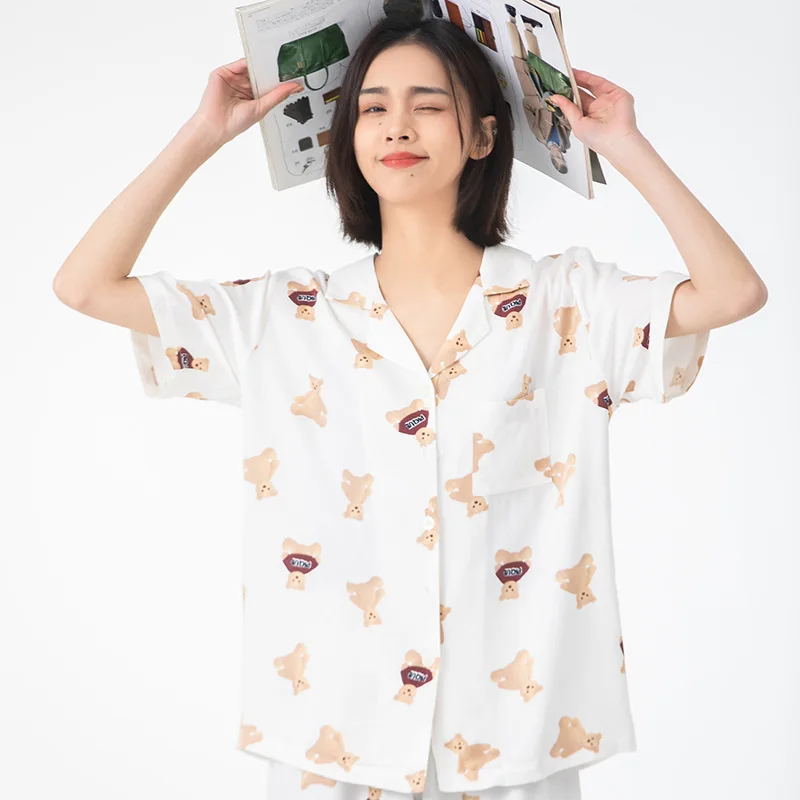 Spring Summer Women Home Wear Sets Short-sleeved Two-piece Sleepwear Cute Bear Print Pajama Breathable Casual Pajamas Suits