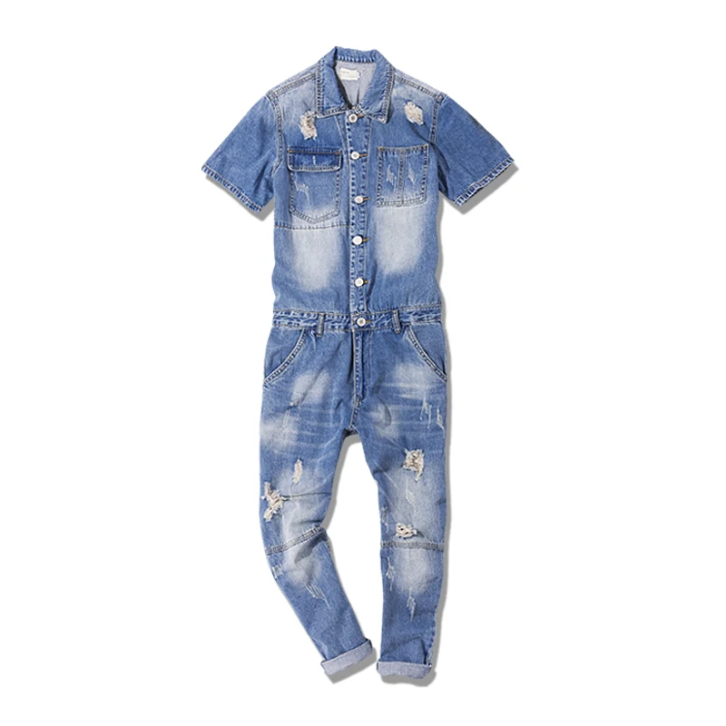 Denybloood Jeans Fashion Men's Ripped Jeans Jumpsuits High Street Distressed Denim Bib Overalls For Man Suspender Pants 0301