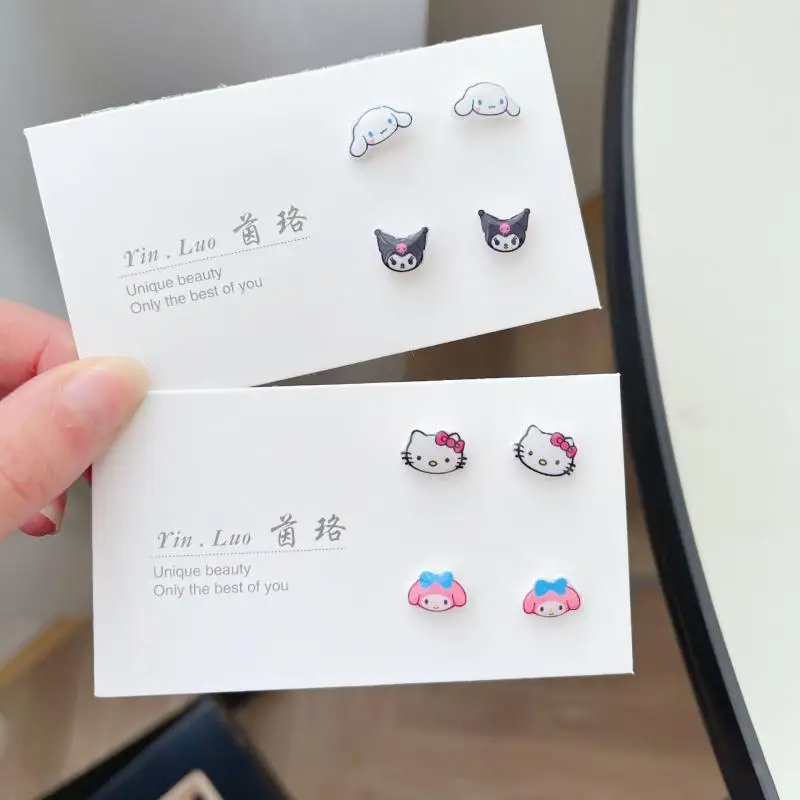 

Kawaii Sanrioed Hello Kitty Kuromi My Melody Cinnamoroll Plastic Stud Earrings Cartoon Earrings Hypoallergenic Toys for Girls