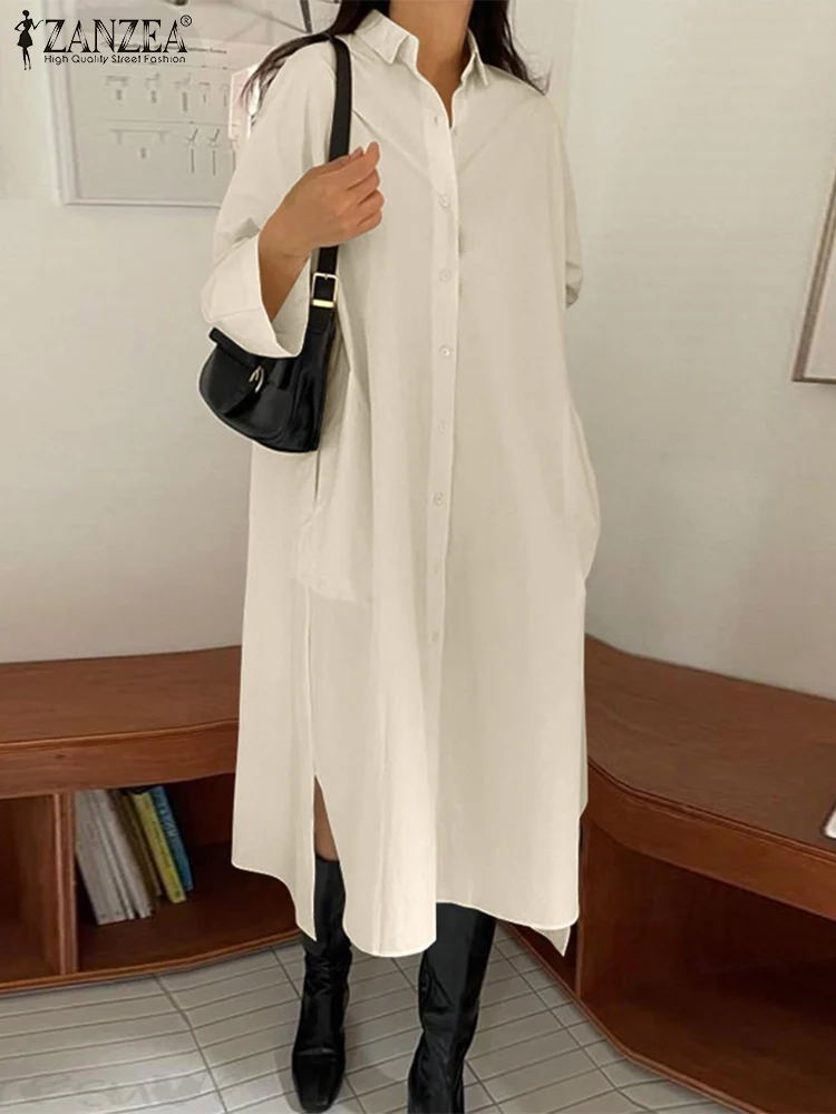 

Модный женский весенний сарафан ZANZEA, Повседневное платье-рубашка с отложным воротником и длинным рукавом, однотонное платье, женское платье оверсайз до середины икры