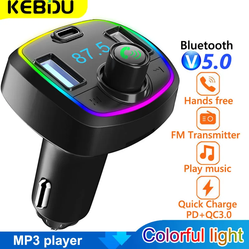 

KEBIDU Car Bluetooth 5.0 FM Transmitter MP3 Player Audio Receiver PD 18W QC3.0 USB Fast Charging Handsfree Car Kit FM Modulator