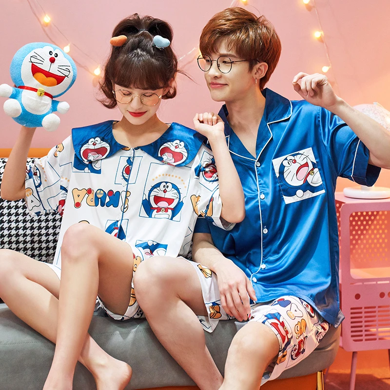 2PCS Summer Sweethearts Pajama Sets Women Men kawaii Doraemon Sleepwear Silk Cloth Short Sleeves Pyjama Pour Femme Pijama Casual