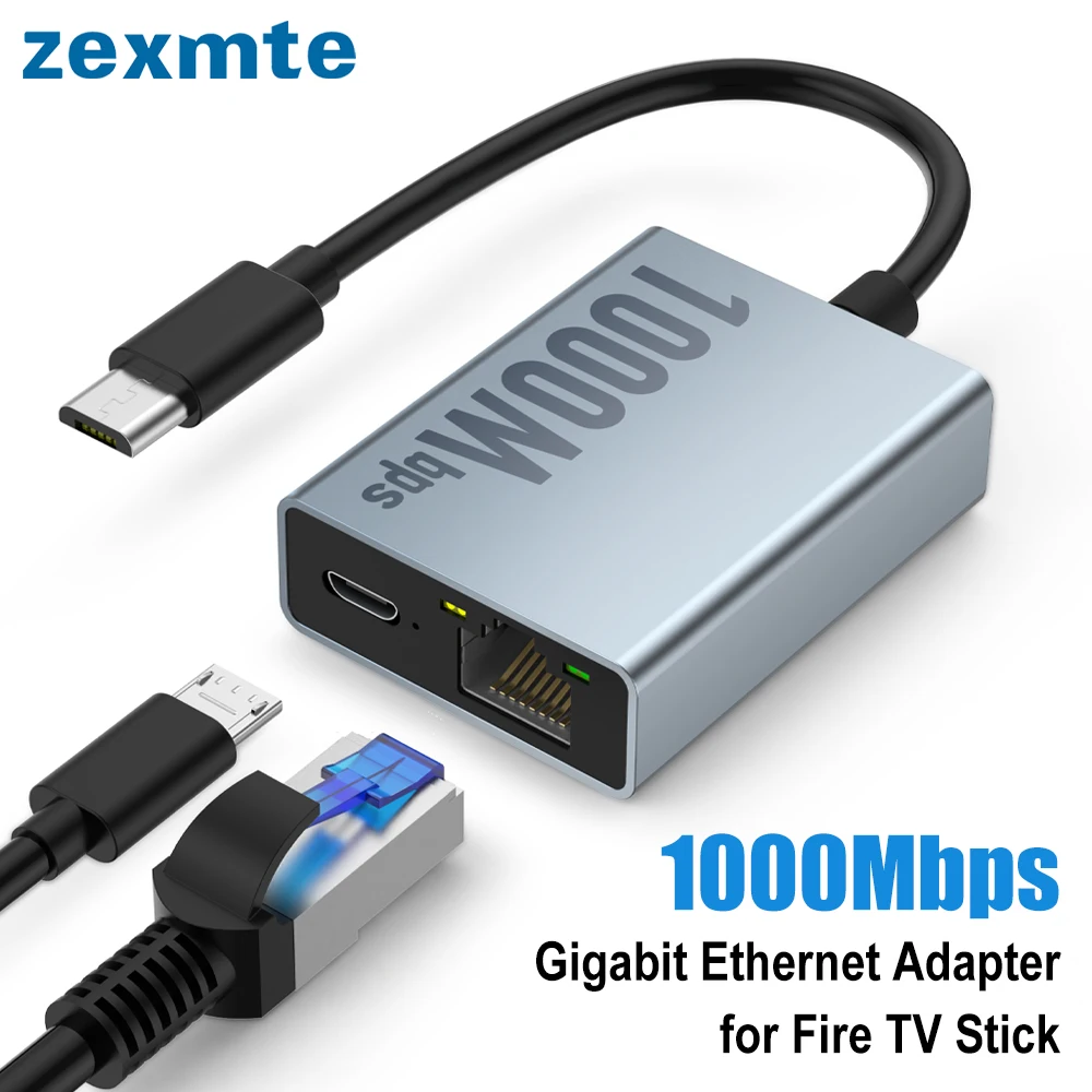 Cpu Stick Rj45 Адаптер Zexmte Gigabit Ethernet для 4K Fire TV Stick Micro USB к RJ45 ...