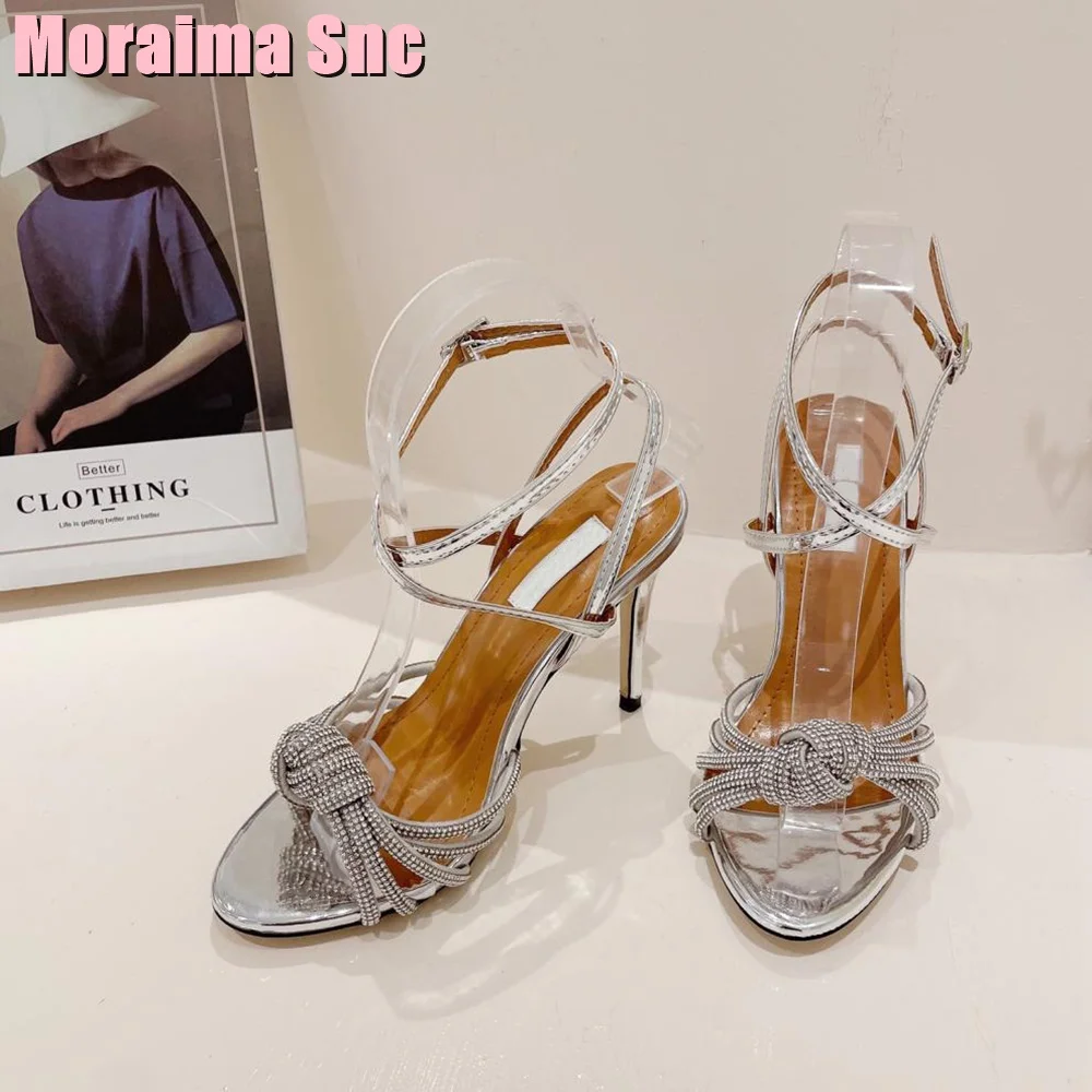 Crystal Knot Open Toe Bling Sandals Narrow Band Stiletto High Heel Ankle Buckle Strap Silver Solid Sexy Women Wedding Shoes 2023
