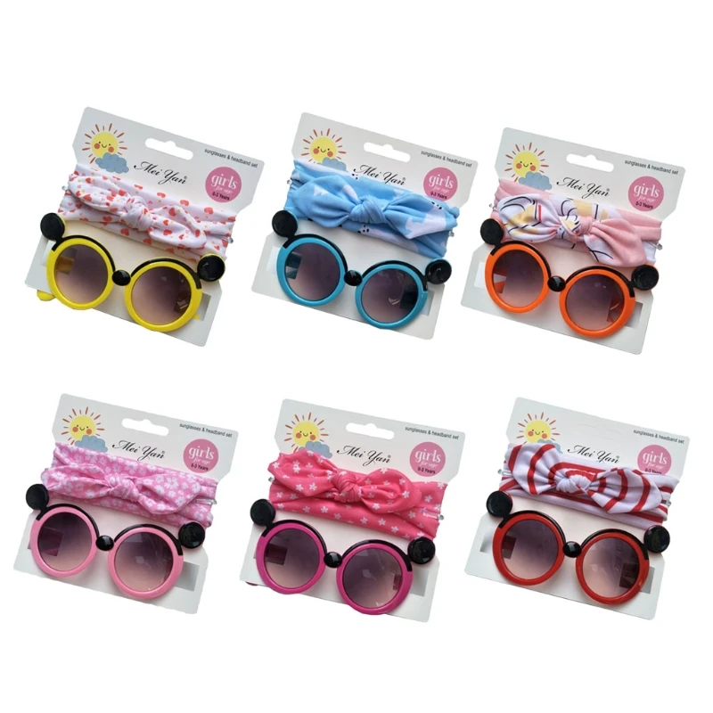 

2 Pcs/Set Anti-UV Cartoon Glasses Knotted Bow Printing Headband Children Baby Sunglasses Hair Band Kit Kids Photo Props Gifts