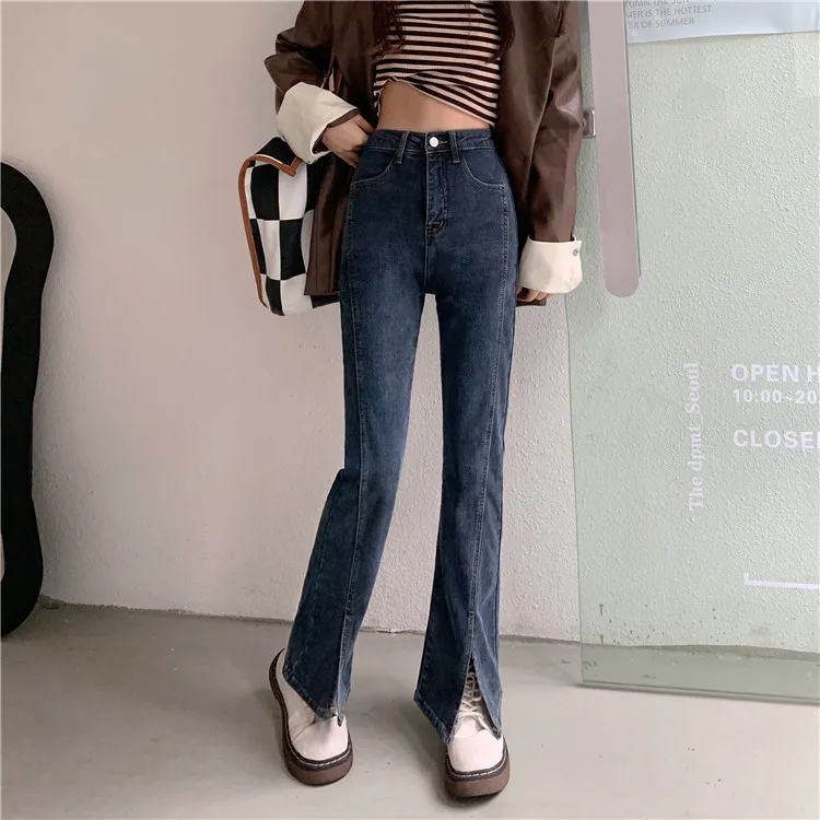 N0749  Slit jeans women's micro flared pants 2022 new small man high waist mopping pants jeans