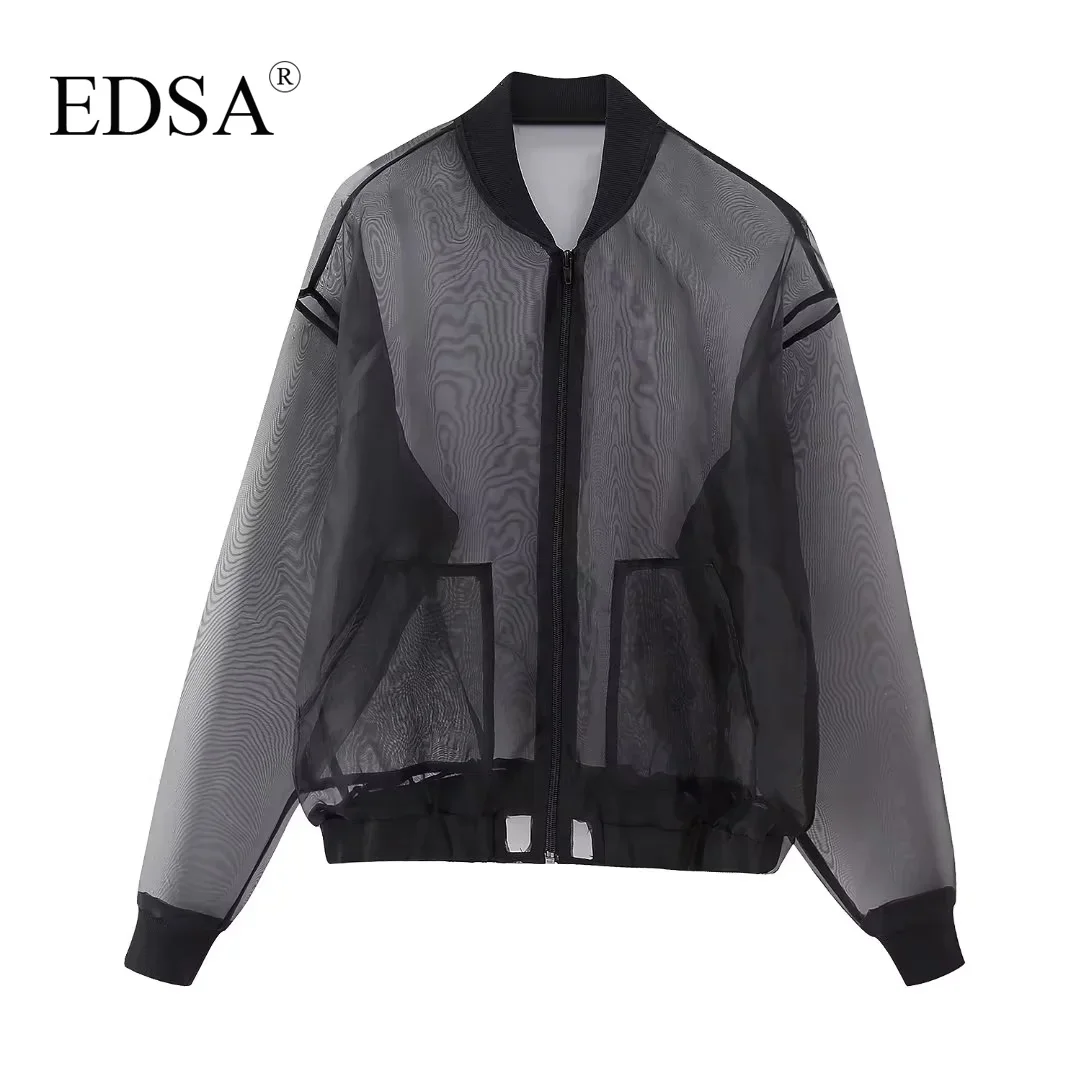 

EDSA Women Fashion Black Organza Bomber Jacket Round Neckline Long Cuffed Sleeves Front Pockets Zip up Front Outerwear Summer