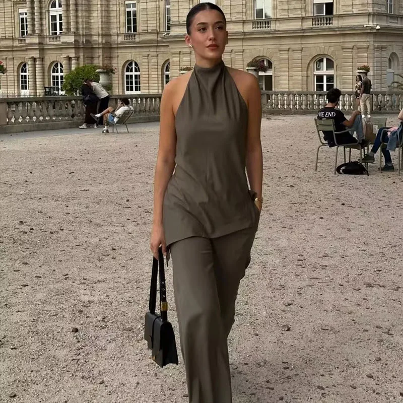 

Женские комплекты ZATRHMBM 2023, Асимметричный топ с воротником хомутом и прямые брюки с высокой талией, шикарный Молодежный модный костюм для отпуска