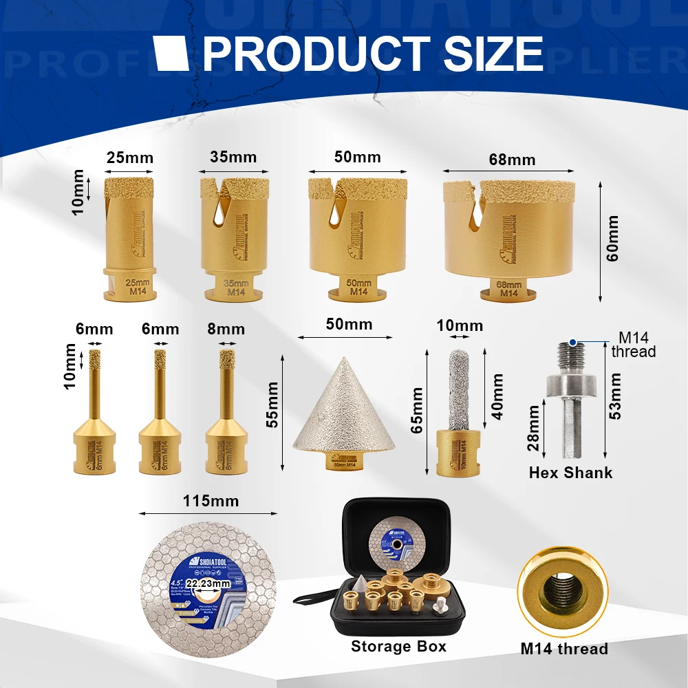 SHDIATOOL 11 шт. набор алмазных инструментов 6/6/8/25/35/50/68 мм сверла + фреза 10 бита для