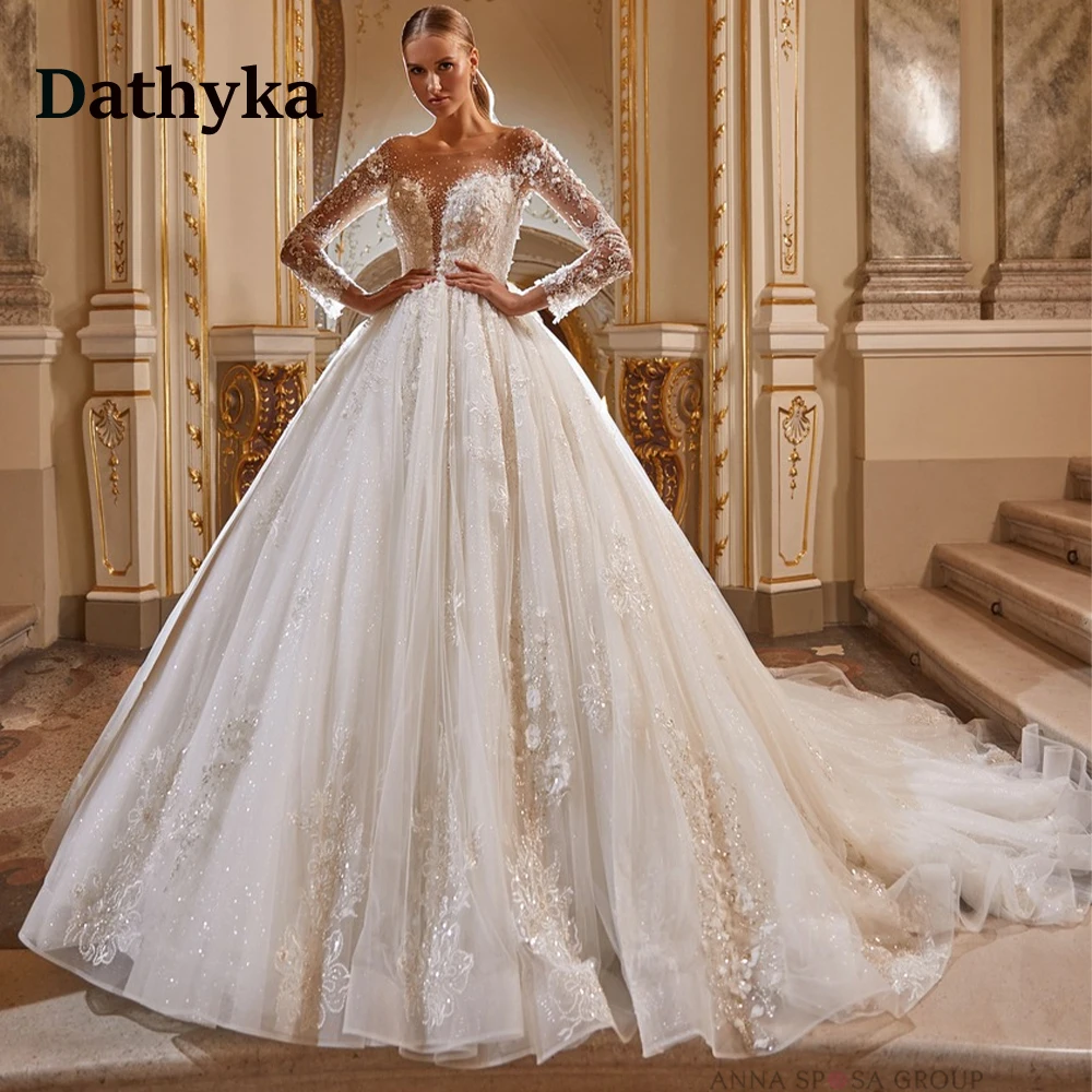 

Dathyka Royal Lace Illusion Long Sleeves Wedding Dress For Women Beading Button Fitted Elegant Wedding Gown For Bride Customized