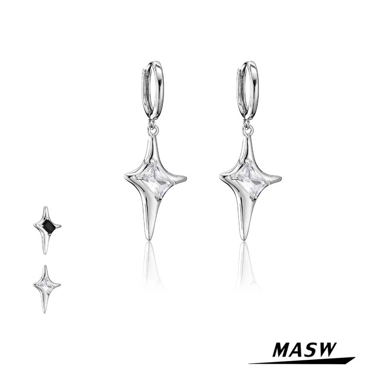 

MASW Modern Jewelry Shiny Star Earrings Popular Cool Style Luxury Silver Color Clear Black AAA Zircon Drop Earrings Women Gifts