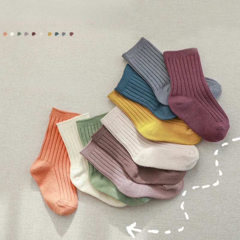 5pairs Baby Socks Mid Tube Spring Autumn Boys Girls Morandi Solid Color Sock Cotton Pit Pattern To Keep Warm Newborn Accessories