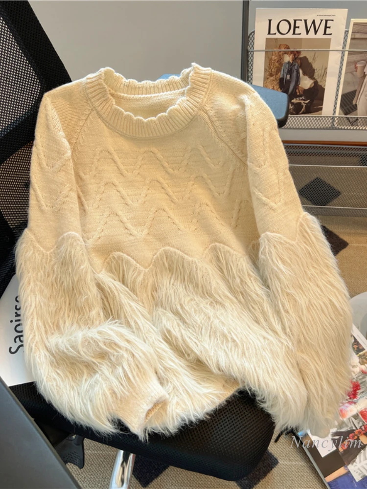 

Fall Retro Design Furry Splicing Knitwear Women Solid Color Wave Collar Sweater 2023 Apricot Pull Femme