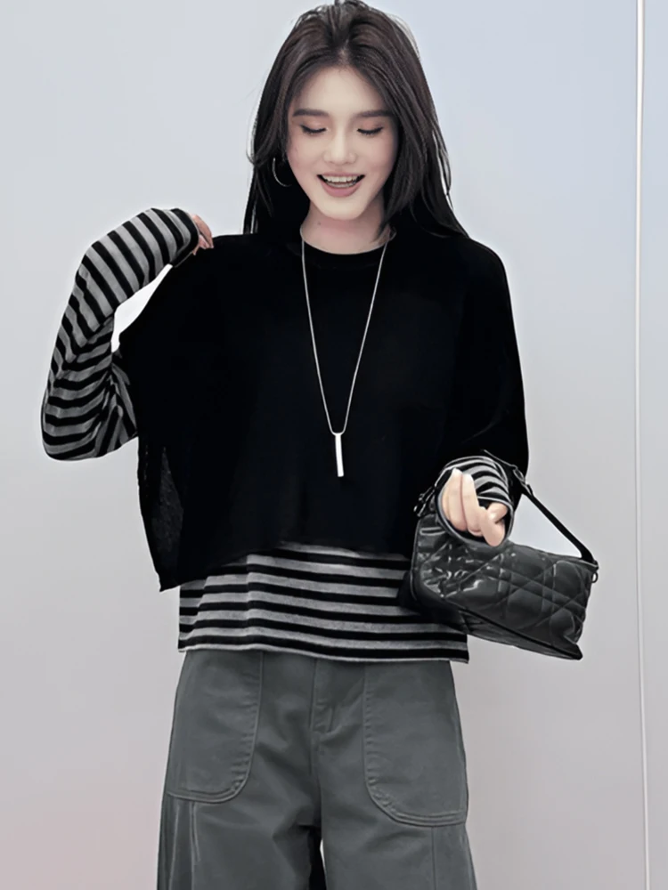 Early Autumn Contrast Color Stripe Patchwork round Neck Long sleeves Shirt Women 2024 New Popular Loose Inner wear Bottoming ...