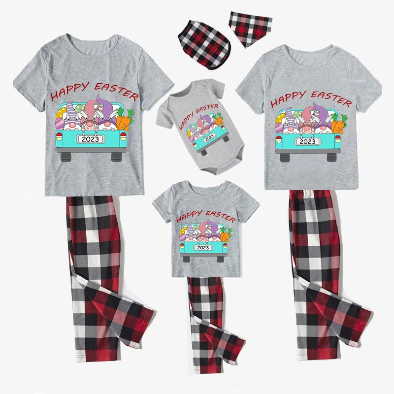 Easter Family Matching Pajamas Exclusive Design Happy Easter Gnomies Car Gray Pajamas Set
