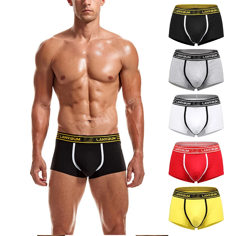 

LANVIBUM Summer Men's Boxers Woven Comfortable Breathable Cotton Mid Waist Solid Color Simple U Convex Bag Youth Underwear