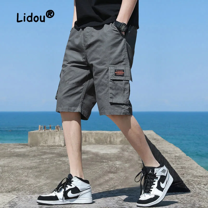 Fashion Solid Color Stickers Multiple Pockets Cargo Shorts Classic Street Casual Summer Tide Handsome All-match Male Short