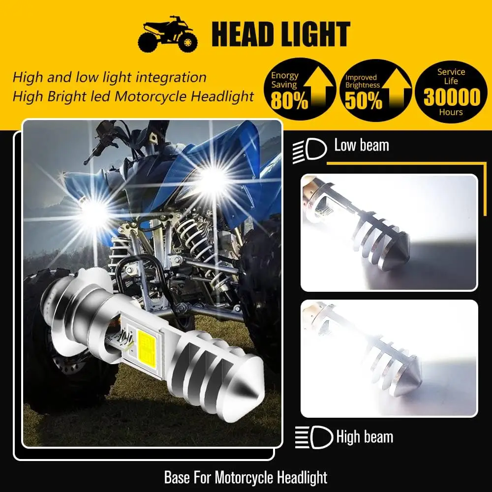 Фото 2xH6M ATVS YFM350 400 450 660 700 Raptor Светодиодная фара, светодиодная лампа H6M P15D, для мотоцикла/ATV/UTV, 6000K, IP68, подключай и используй. №2