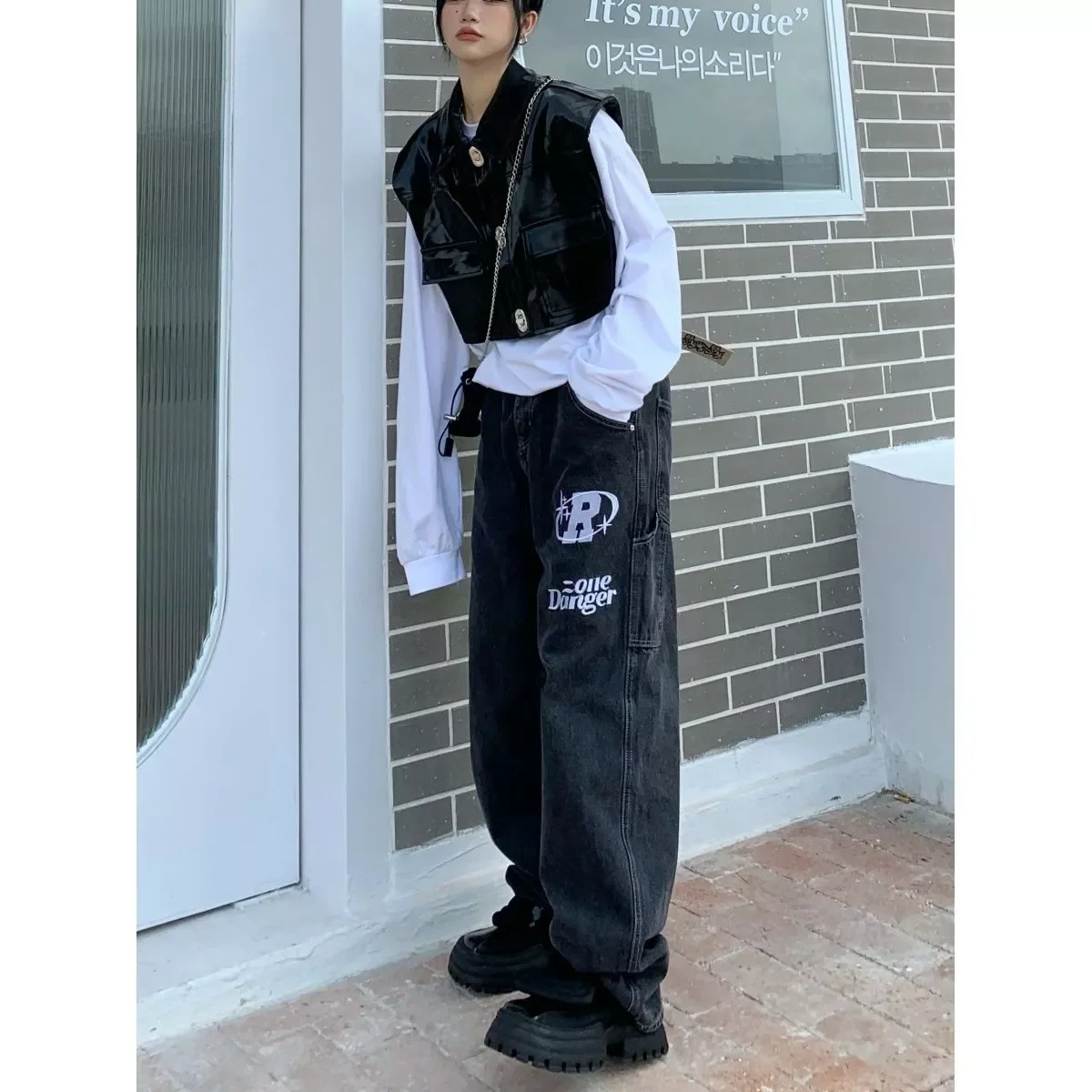 2022New American letters embroidered autumn street hip-hop loose jeans lovers four seasons trend wild thin wide-leg pants women