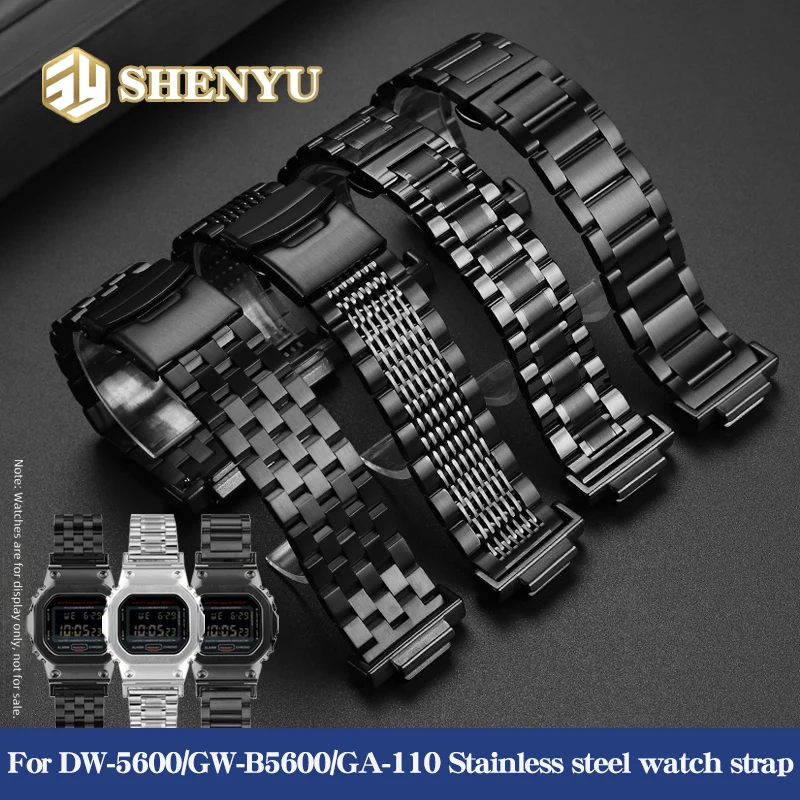 Фото Ремешок из нержавеющей стали DW5600/GWB5600 для Casio G-SHOCK GA-110/GM-110, мужской водонепроницаемый ремешок из цельной нержавеющей стали, черный, серебристый №1