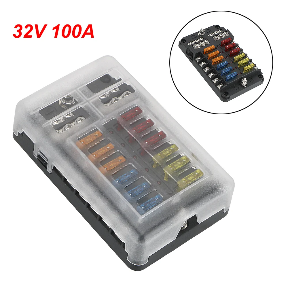 

For Auto Car Marine 6 Ways 12 Ways Blade Fuse Block Fuse Box Holder With LED Indicator Light M5 Stud 100A 32V Plastic Cover