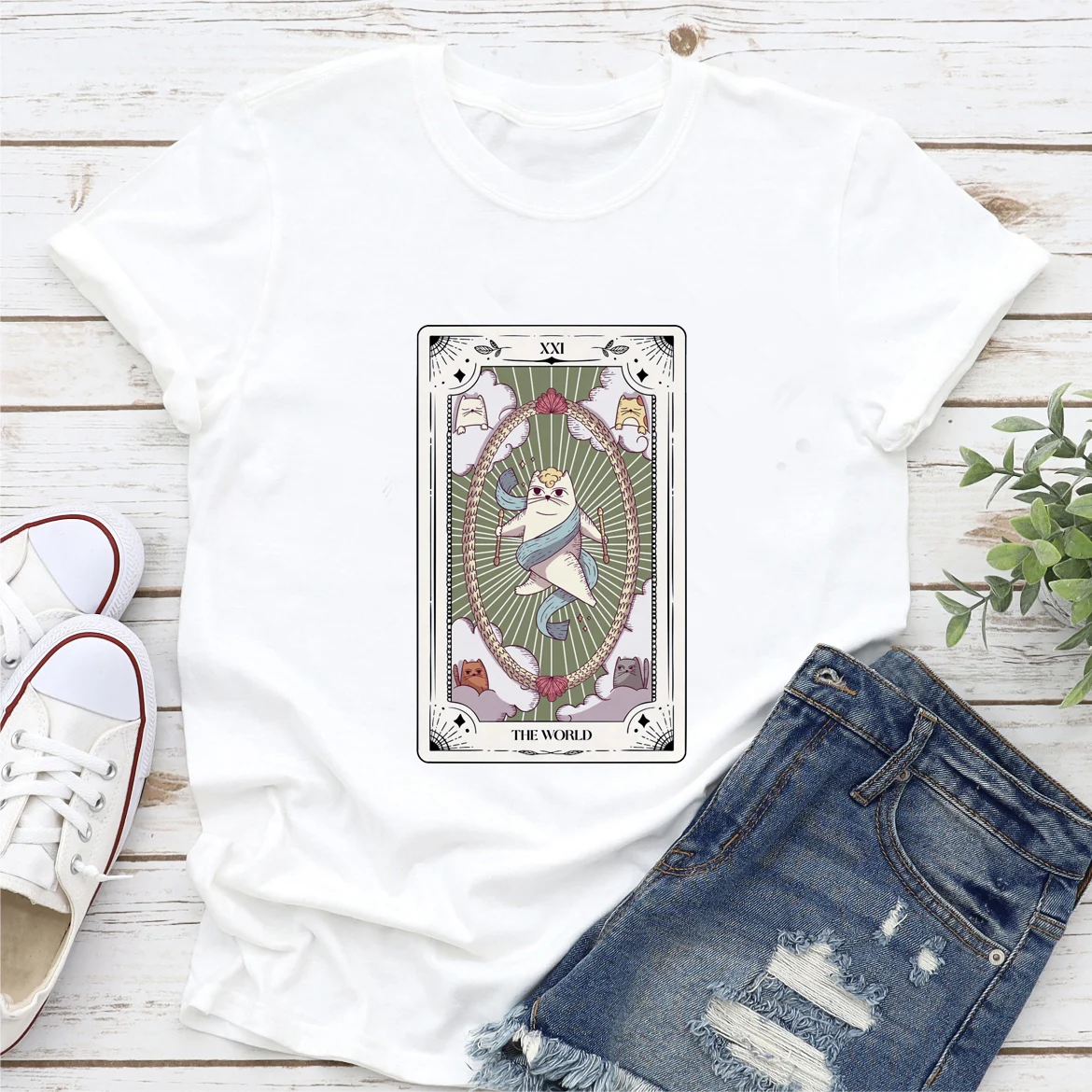 

Fashion Cute Summer New Short Sleeve Fashion Women's Tarot Print T-shirt Women's Leisure White Women's T-shirt Loose T-shirt.