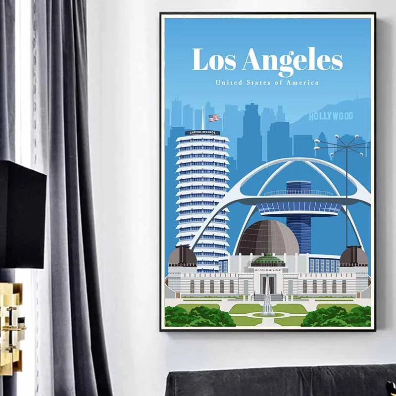 Городской пейзаж Лос-Анджелеса, постеры с изображением туристических достопримечательностей, США, капитал, рекорды, здание, пейзаж, холст, живопись, настенное искусство, Декор Городской пейзаж Лос-Анджелеса, постеры с изображением туристических достопримечательностей, США, капитал, рекорды, здание, пейзаж, холст, живопись, настенное искусство, Декор