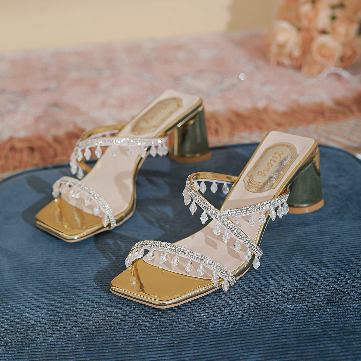 Xibeilove 2023 Summer Women Luxury Square Head Rhinestone Pendant Middle Heel Slippers Gold Silver Banquet Wedding Bridal Shoe