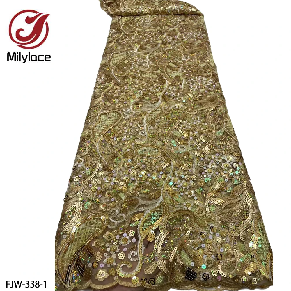 

African Lace Fabric 2022 French Mesh Lace Sequins High Quality African Lace Fabric for Wedding Dress 5 Yards FJW-338