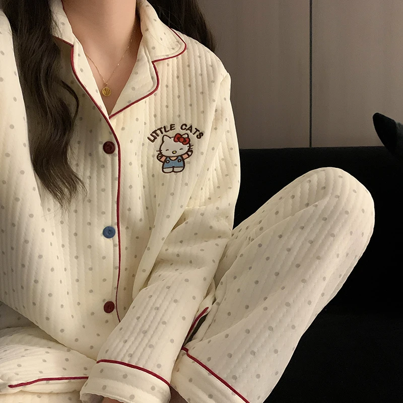 Polka Dot Cute Hellokit Sweet Girl Sandwich Cotton Pajamas Spring and Autumn Winter Air Quilted Homewear
