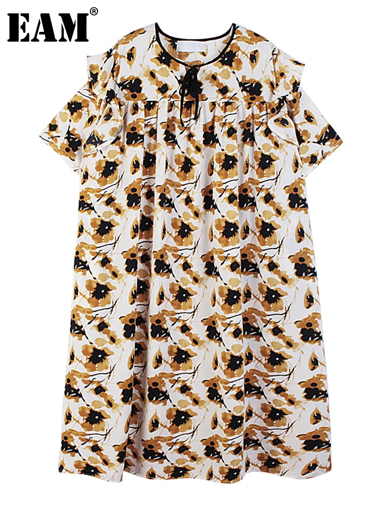 

Женское платье с принтом EAM, зеленое праздничное платье с круглым вырезом и коротким рукавом, весна-лето 2022, 1DE7910