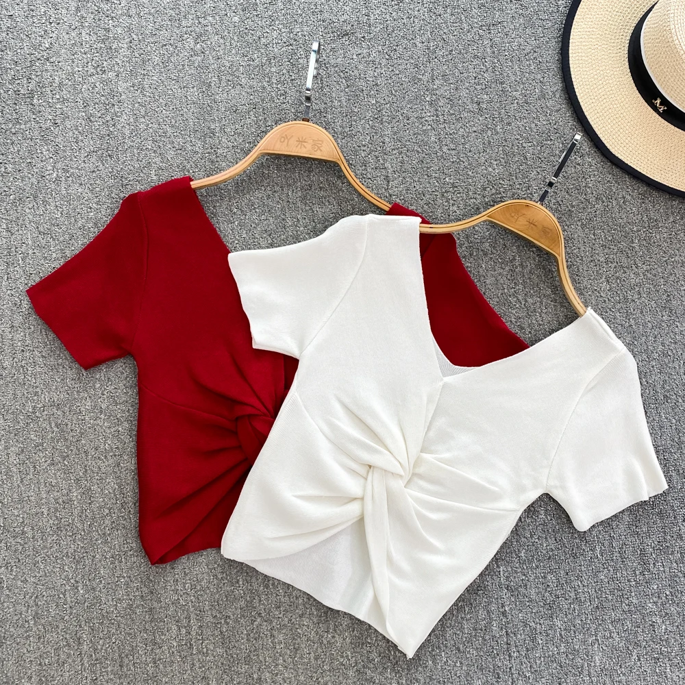 

Design Sense of Solid Color V-neck Short-sleeved Knitted Leggings with V-neck Kinky-knotted Slim Short T-shirt Top