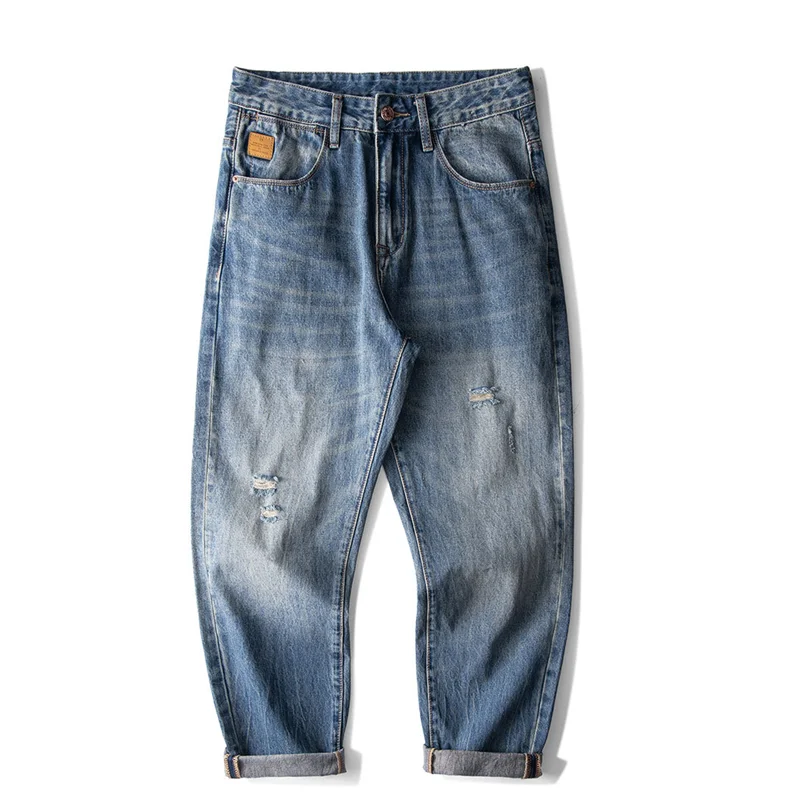 Men Clothing New Pattern 2022 Port Breeze Vintage Hole Blue Jeans Recreational Straight Cylinder Loose Trousers Autumn Female