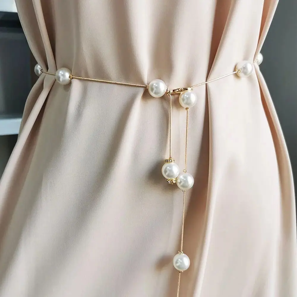

Fashion Elegant Chain Belt Women Pearl Metal Adjustable Long Belt Female Dress Thin Skinny Waist Belt