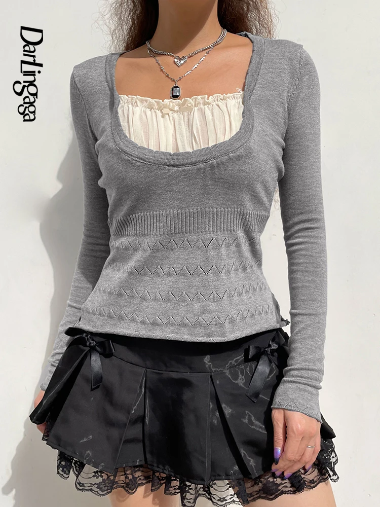 

Darlingaga Korean Fashion Square Neck Frill Patched Spring Knitted Sweater Women Harajuku Bow Cute Pullover Preppy Sweaters Tops