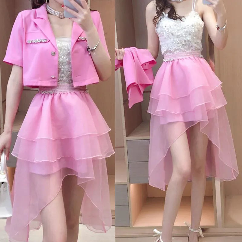

2pcs Dress Set for Women 2022 Summer Sweet Cute Pink Ball Gown Party Dress Vestidos