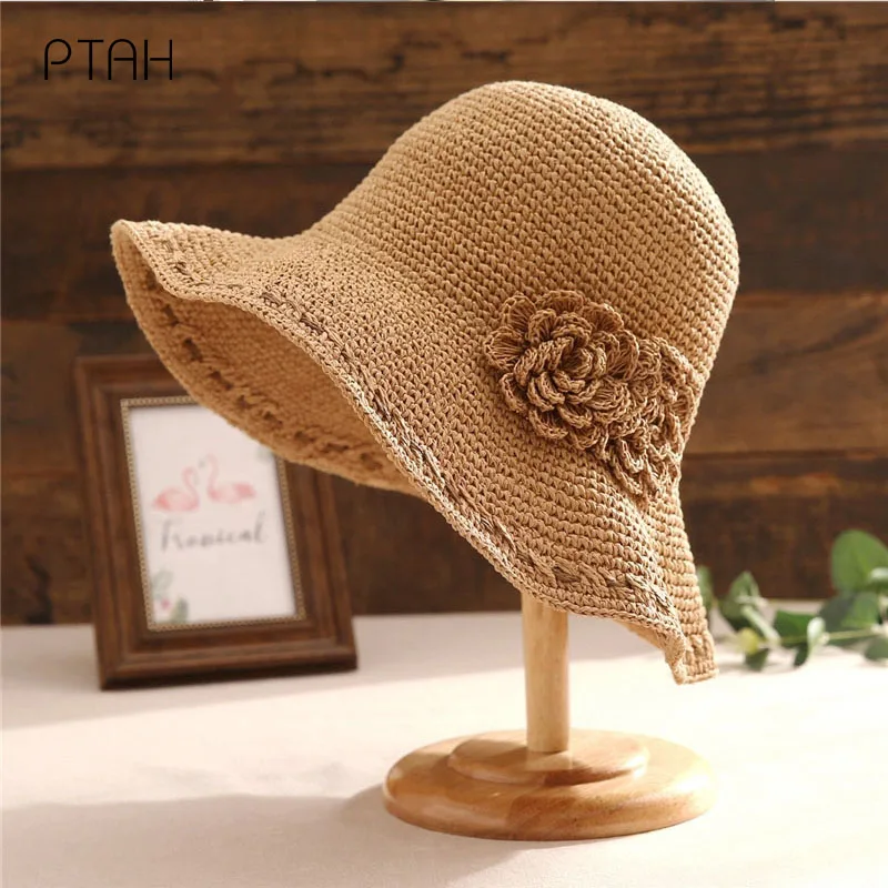 

[PTAH] Straw Hats Women Raffia Wide Brim Roll-up Straw Foldable Beach Hats Breathable Sun Protection Visors Straw Cap For Ladies