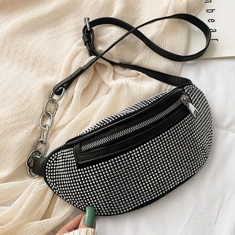 

Fashion Women's Waist Bag Fanny Pack 2020 New PU Leather Banana Pack Chest Bag High Quality Diamond Female Belt Waist Packs